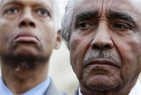 
Rep. Charles Rangel (R) stands in front of the media after meeting of the Congessional Black Caucus with President Barack Obama at the White House in Washington, March 11, 2010. From L-R are: Rep. Hank Johnson and Rangel. REUTERS/Larry Downing
