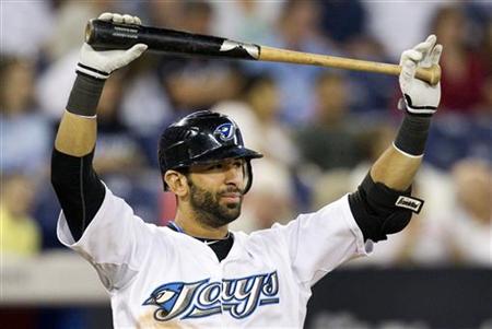 Toronto Blue Jays' Jose Bautista comes to the plate in the eighth inning against the Cleveland Indians in their American League MLB baseball game in Toronto July 30, 2010. REUTERS/Fred Thornhill
Toronto Blue Jays' Jose Bautista comes to the plate in the eighth inning against the Cleveland Indians in their American League MLB baseball game in Toronto July 30, 2010. REUTERS/Fred Thornhill