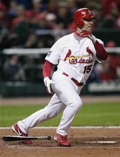 St. Louis Cardinals' Jim Edmonds takes off running after hitting a two-run RBI in the fourth inning against the Detroit Tigers in Game 3 of the World Series in St Louis October 24, 2006. REUTERS/Mike Blake
St. Louis Cardinals' Jim Edmonds takes off running after hitting a two-run RBI in the fourth inning against the Detroit Tigers in Game 3 of the World Series in St Louis October 24, 2006. REUTERS/Mike Blake