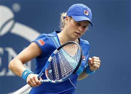 
Kim Clijsters of Belgium celebrates her victory over Petra Kvitova of the Czech Republic during the U.S. Open tennis tournament in New York, September 3, 2010. REUTERS/Kevin Lamarque
