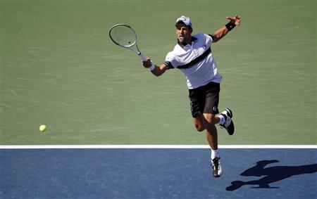 
Novak Djokovic of Serbia hits a return to Mardy Fish of the U.S. during the US Open tennis tournament in New York, September 6, 2010. REUTERS/Jessica Rinaldi
