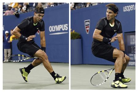
Rafael Nadal of Spain returns a shot from between his legs to compatriot Feliciano Lopez during the U.S. Open tennis tournament in New York in this September 7, 2010 combination photo. REUTERS/Kevin Lamarque
