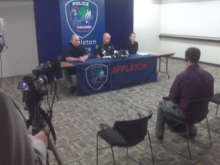 Lt. Gary Richgels, Green Bay Police Dept., Appleton Police Chief David Walsh, and Outagamie Co. District Attorney Carrie Schneider address the media Sept. 8 regarding an officer-involved shooting.  (courtesy of FOX 11).