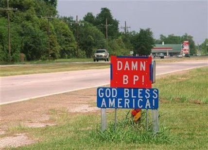 
A road sign expresses local frustration with BP in Belle Chasse, Louisiana along the north/south Route 23 that travels from New Orleans to Louisiana's southeast tip, July 13, 2010. REUTERS/Alexandria Sage
