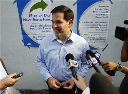 Republican Senate candidate Marco Rubio speaks to reporters after casting his ballot in Florida's primary election in Miami August 24, 2010. REUTERS/Joe Skkipper
Republican Senate candidate Marco Rubio speaks to reporters after casting his ballot in Florida's primary election in Miami August 24, 2010. REUTERS/Joe Skkipper