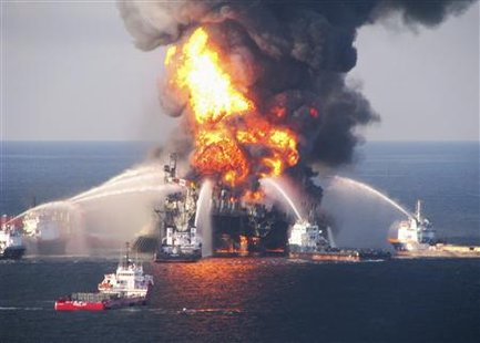 Fire boat response crews battle the blazing remnants of the off shore oil rig Deepwater Horizon, off Louisiana, in this April 21, 2010, handout file photo. With a final shot of cement, BP Plc permanently "killed" the runaway Macondo well in the Gulf of Mexico that had unleashed the worst oil spill in U.S. history, the top U.S. spill official said on September 19, 2010. The well flowed unchecked for 87 days after an April 20 explosion a
Fire boat response crews battle the blazing remnants of the off shore oil rig Deepwater Horizon, off Louisiana, in this April 21, 2010, handout file photo. With a final shot of cement, BP Plc permanently "killed" the runaway Macondo well in the Gulf of Mexico that had unleashed the worst oil spill in U.S. history, the top U.S. spill official said on September 19, 2010. The well flowed unchecked for 87 days after an April 20 explosion a