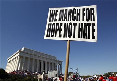 Demonstrators pushing for progressive policies take part in the "One Nation Working Together" rally on the National Mall in Washington October 2, 2010. REUTERS/Kevin Lamarque
Demonstrators pushing for progressive policies take part in the "One Nation Working Together" rally on the National Mall in Washington October 2, 2010. REUTERS/Kevin Lamarque