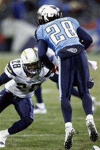 
San Diego Chargers cornerback Steve Gregory (28) dives at Tennessee Titans running back Chris Johnson (28) during first half of their NFL football game at LP Field in Nashville, Tennessee December 25, 2009. REUTERS/M. J. Masotti Jr.
