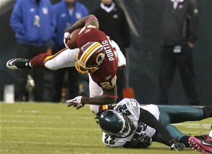 Washington Redskins running back Clinton Portis is tackled by the Philadelphia Eagles Asante Samuel (22) during the third quarter of their NFL game in Philadelphia, Pennsylvania, October 3, 2010. REUTERS/Tim Shaffer
Washington Redskins running back Clinton Portis is tackled by the Philadelphia Eagles Asante Samuel (22) during the third quarter of their NFL game in Philadelphia, Pennsylvania, October 3, 2010. REUTERS/Tim Shaffer