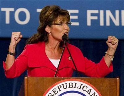 Former Alaska governor Sarah Palin speaks during the Republican 2010 Victory Fundraising Rally in Orlando, Florida October 23, 2010. REUTERS/Scott Audette
Former Alaska governor Sarah Palin speaks during the Republican 2010 Victory Fundraising Rally in Orlando, Florida October 23, 2010. REUTERS/Scott Audette