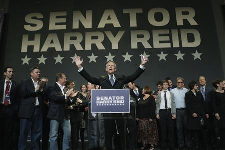 U.S. Senate Majority Leader Harry Reid, who faced Tea Party favorite Republican Sharron Angle in his race for re-election, celebrates his victory at his election night party in Las Vegas, Nevada, November 2, 2010. REUTERS/Las Vegas Sun/Steve Marcus
U.S. Senate Majority Leader Harry Reid, who faced Tea Party favorite Republican Sharron Angle in his race for re-election, celebrates his victory at his election night party in Las Vegas, Nevada, November 2, 2010. REUTERS/Las Vegas Sun/Steve Marcus
