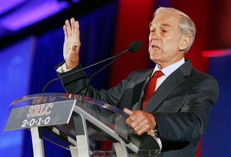 Texas Congressman Ron Paul speaks at the 2010 Southern Republican Leadership Conference in New Orleans, Louisiana April 10, 2010. REUTERS/Sean Gardner
Texas Congressman Ron Paul speaks at the 2010 Southern Republican Leadership Conference in New Orleans, Louisiana April 10, 2010. REUTERS/Sean Gardner