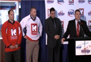 Stadium Management Group President Paul Pickard with former Jr. K-Wings Alumni and current Kalamazoo Wings Broadcaster Mike Modugno announces the formation of the new Jr. K-Wings.