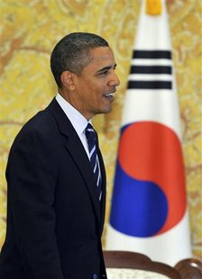 President Barack Obama is seen during bilateral talks with South Korea's President Lee Myung-bak (not pictured) at the presidential Blue House in Seoul November 11, 2010. REUTERS/Jung Yeon-je/Pool
President Barack Obama is seen during bilateral talks with South Korea's President Lee Myung-bak (not pictured) at the presidential Blue House in Seoul November 11, 2010. REUTERS/Jung Yeon-je/Pool