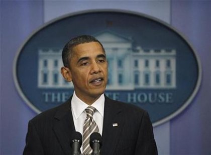 
U.S. President Barack Obama delivers a statement about General Motors' first day re-listing in the stock market, from the Brady Press Briefing Room of the White House in Washington, November 18, 2010. REUTERS/Jason Reed

