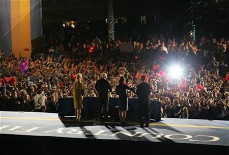Supporters of Republican presidential nominee Senator John McCain (2nd L) listen to his concession speech in Phoenix November 4, 2008. Cindy McCain is at left, Todd Palin at right, and vice-presidential running mate Gov. Sarah Palin stands next to McCain. REUTERS/Jessica Rinaldi
Supporters of Republican presidential nominee Senator John McCain (2nd L) listen to his concession speech in Phoenix November 4, 2008. Cindy McCain is at left, Todd Palin at right, and vice-presidential running mate Gov. Sarah Palin stands next to McCain. REUTERS/Jessica Rinaldi