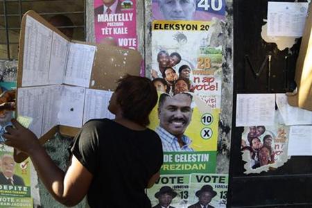 
A woman looks for her name on a list of voters provided by the provisional electoral council in Port-au-Prince November 25, 2010. REUTERS/Eduardo Munoz
