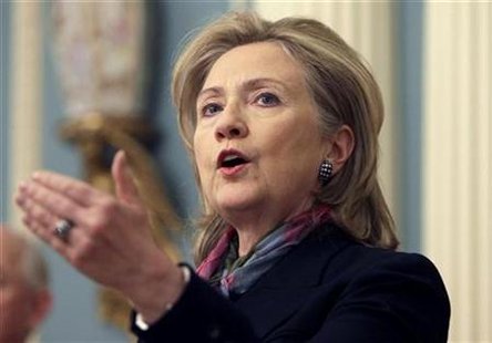 
Secretary of State Hillary Clinton gestures as she delivers a statement about WikiLeaks lead at the State Department in Washington November 29, 2010.REUTERS/Yuri Gripas
