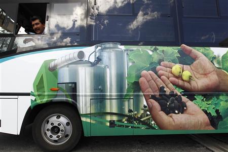 
A bus with a picture promoting the use of biodiesel, transport delegates attending the U.N. Climate Change Conference COP16 in Cancun December 5, 2010. REUTERS/Jorge Silva
