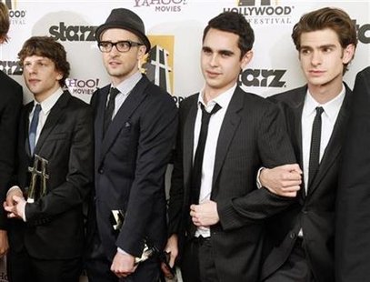 Actors (L-R) Jesse Eisenberg, Justin Timberlake, Max Minghella and Andrew Garfield pose backstage after accepting the Hollywood Ensemble Cast Award for the movie "The Social Network" at the 14th Annual Hollywood Awards Gala in Beverly Hills, California October 25, 2010. REUTERS/Mario Anzuoni
Actors (L-R) Jesse Eisenberg, Justin Timberlake, Max Minghella and Andrew Garfield pose backstage after accepting the Hollywood Ensemble Cast Award for the movie "The Social Network" at the 14th Annual Hollywood Awards Gala in Beverly Hills, California October 25, 2010. REUTERS/Mario Anzuoni