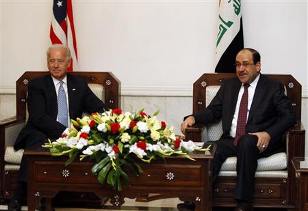 
U.S. Vice President Joe Biden (L) meets with Iraq's Prime Minister Nuri al-Maliki during his visit to Baghdad January 13, 2011. REUTERS/Saad Shalash
