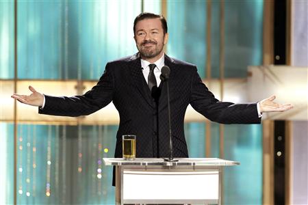 Host Ricky Gervais speaks at the 68th annual Golden Globes Awards in Beverly Hills, California January 16, 2011. REUTERS/Paul Drinkwater/NBC
Host Ricky Gervais speaks at the 68th annual Golden Globes Awards in Beverly Hills, California January 16, 2011. REUTERS/Paul Drinkwater/NBC