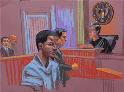 
Ahmed Khalfan Ghailani, a Tanzanian held at the U.S. naval base in Cuba since 2006 accused of involvement in the bombing of U.S. embassies in Africa, is depicted in this courtroom sketch of his arraignment, in New York, June 9, 2009 file photo. REUTERS/Christine Cornell
