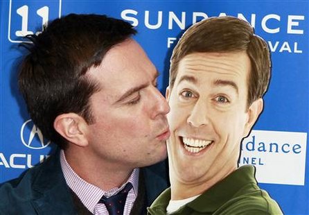 
Cast member Ed Helms kisses a cardboard cutout of his character from the film "Cedar Rapids" during the movie's premiere at the Sundance Film Festival in Park City, Utah January 23, 2011. REUTERS/Lucas Jackson
