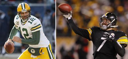 A combination picture shows Pittsburgh Steelers quarterback Ben Roethlisberger (R) releasing a pass that was intercepted by the New York Jets in the third quarter of the NFL AFC Championship football game in Pittsburgh, January 23, 2011 and Green Bay Packers' quarterback Aaron Rodgers (L) scrambling against the Chicago Bears during the first quarter of the NFL's NFC Championship football game in Chicago, January 23, 2011. REUTERS/Brian Snyder (R
A combination picture shows Pittsburgh Steelers quarterback Ben Roethlisberger (R) releasing a pass that was intercepted by the New York Jets in the third quarter of the NFL AFC Championship football game in Pittsburgh, January 23, 2011 and Green Bay Packers' quarterback Aaron Rodgers (L) scrambling against the Chicago Bears during the first quarter of the NFL's NFC Championship football game in Chicago, January 23, 2011. REUTERS/Brian Snyder (R