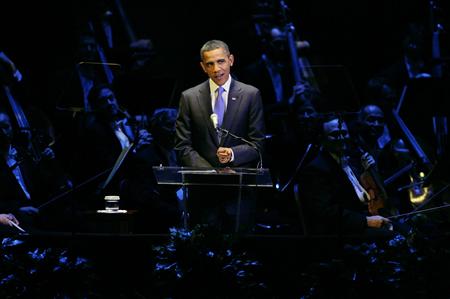 President Barack Obama makes remarks at a kickoff concert for a celebration of the 50th anniversary of the late President John F. Kennedy's inauguration, at the Kennedy Center concert hall in Washington, January 20, 2011. REUTERS/Jonathan Ernst
President Barack Obama makes remarks at a kickoff concert for a celebration of the 50th anniversary of the late President John F. Kennedy's inauguration, at the Kennedy Center concert hall in Washington, January 20, 2011. REUTERS/Jonathan Ernst