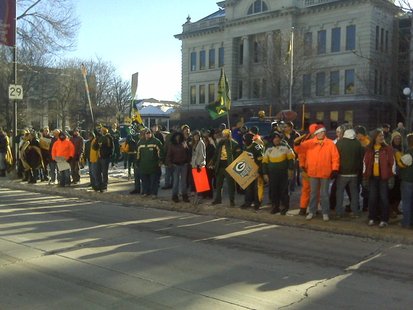 Green Bay Packers fans rally in downtown Green Bay on Friday, January, 21, 2011. (courtesy of FOX 11). Green Bay Packers fans rally in downtown Green Bay on Friday, January, 21, 2011. (courtesy of FOX 11).