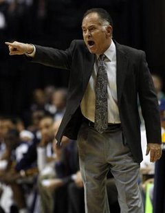 Indiana Pacers head coach Jim O'Brien yells instructions to his players during the second quarter of their NBA basketball game against the Boston Celtics in Indianapolis December 28, 2010. REUTERS/Brent Smith
Indiana Pacers head coach Jim O'Brien yells instructions to his players during the second quarter of their NBA basketball game against the Boston Celtics in Indianapolis December 28, 2010. REUTERS/Brent Smith