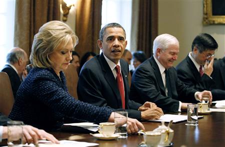 President Barack Obama participates in a cabinet meeting in the West Wing of the White House in Washington, February 1, 2011. Alongside Obama is Secretary of State Hillary Clinton (L), Defense Secretary Robert Gates (2nd R) and Commerce Secretary Gary Locke. REUTERS/Jason Reed
President Barack Obama participates in a cabinet meeting in the West Wing of the White House in Washington, February 1, 2011. Alongside Obama is Secretary of State Hillary Clinton (L), Defense Secretary Robert Gates (2nd R) and Commerce Secretary Gary Locke. REUTERS/Jason Reed