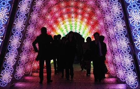 People walk under light emitting diodes (LED) used as Christmas decorations in Tokyo November 24, 2009. REUTERS/Toru Hanai
People walk under light emitting diodes (LED) used as Christmas decorations in Tokyo November 24, 2009. REUTERS/Toru Hanai