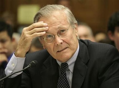 
Former Secretary of Defense Donald Rumsfeld listens to testimony during a House Oversight and Government Reform Committee hearing on what military leaders knew about the combat death in Afghanistan of U.S. Army Ranger and former football star Pat Tillman, in Washington, August 1, 2007. REUTERS/Yuri Gripas
