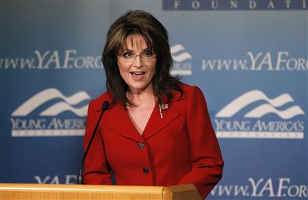 Former Alaska governor Sarah Palin delivers a keynote speech at the Reagan 100 opening banquet at Reagan Ranch Center in Santa Barbara, California February 4, 2011. REUTERS/Mario Anzuoni
Former Alaska governor Sarah Palin delivers a keynote speech at the Reagan 100 opening banquet at Reagan Ranch Center in Santa Barbara, California February 4, 2011. REUTERS/Mario Anzuoni