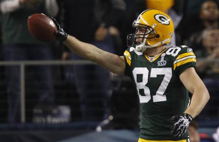 Green Bay Packers' wide receiver Jordy Nelson celebrates his touchdown against the Pittsburgh Steelers during the first quarter of the NFL's Super Bowl XLV football game in Arlington, Texas, February 6, 2011. REUTERS/Mike Segar
Green Bay Packers' wide receiver Jordy Nelson celebrates his touchdown against the Pittsburgh Steelers during the first quarter of the NFL's Super Bowl XLV football game in Arlington, Texas, February 6, 2011. REUTERS/Mike Segar