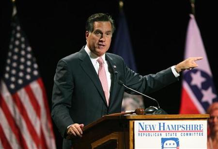 Former Massachusetts Gov. Mitt Romney gives the keynote address at the New Hampshire Republican Party State Convention in Concord, New Hampshire September 25, 2010. REUTERS/Joel Page
Former Massachusetts Gov. Mitt Romney gives the keynote address at the New Hampshire Republican Party State Convention in Concord, New Hampshire September 25, 2010. REUTERS/Joel Page