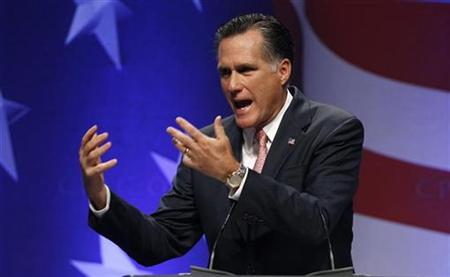 Former Massachusetts Gov. Mitt Romney speaks to an audience at the 38th annual Conservative Political Action Conference meeting at the Marriott Wardman Park Hotel in Washington, February 11, 2011. REUTERS/Larry Downing
Former Massachusetts Gov. Mitt Romney speaks to an audience at the 38th annual Conservative Political Action Conference meeting at the Marriott Wardman Park Hotel in Washington, February 11, 2011. REUTERS/Larry Downing
