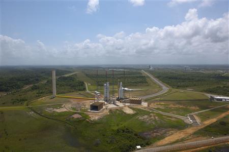 The modified Ariane launcher is transferred to the launch zone at Europe's spaceport in Kourou, French Guiana February 14, 2011. REUTERS/Stephane Corvaja/ESA/Handout
The modified Ariane launcher is transferred to the launch zone at Europe's spaceport in Kourou, French Guiana February 14, 2011. REUTERS/Stephane Corvaja/ESA/Handout