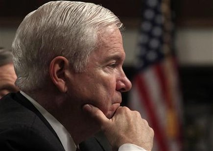 U.S. Secretary of Defense Robert Gates listens to remarks at a Senate Armed Services Committee hearing on the "Defense Authorization Request for FY2012" on Capitol Hill in Washington, February 17, 2011. REUTERS/Jim Young
U.S. Secretary of Defense Robert Gates listens to remarks at a Senate Armed Services Committee hearing on the "Defense Authorization Request for FY2012" on Capitol Hill in Washington, February 17, 2011. REUTERS/Jim Young
