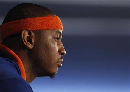 New York Knicks' Carmelo Anthony listens to a question at a news conference held to introduce him as one of the newest members of the Knicks, after being acquired from the Denver Nuggets in a trade, at Madison Square Garden in New York, February 23, 2011. REUTERS/Jessica Rinaldi
New York Knicks' Carmelo Anthony listens to a question at a news conference held to introduce him as one of the newest members of the Knicks, after being acquired from the Denver Nuggets in a trade, at Madison Square Garden in New York, February 23, 2011. REUTERS/Jessica Rinaldi