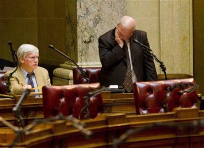 Senate Majority Leader Scott Fitzgerald (R) and Glenn Grothman before the start of a Senate hearing at the state Capitol in Madison, February 25, 2011. REUTERS/Darren Hauck