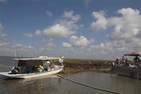 Workers use long poles to mop up oil from the Deepwater Horizon oil spill in a marsh near Cocodrie, Louisiana in this July 15, 2010 file photo. REUTERS/Lee Celano
Workers use long poles to mop up oil from the Deepwater Horizon oil spill in a marsh near Cocodrie, Louisiana in this July 15, 2010 file photo. REUTERS/Lee Celano