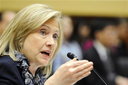 U.S. Secretary of State Hillary Clinton responds to lawmakers during a House Foreign Affairs Committee hearing on U.S. foreign policy priorities, on Capitol Hill in Washington, March 1, 2011. REUTERS/Jonathan Ernst
U.S. Secretary of State Hillary Clinton responds to lawmakers during a House Foreign Affairs Committee hearing on U.S. foreign policy priorities, on Capitol Hill in Washington, March 1, 2011. REUTERS/Jonathan Ernst