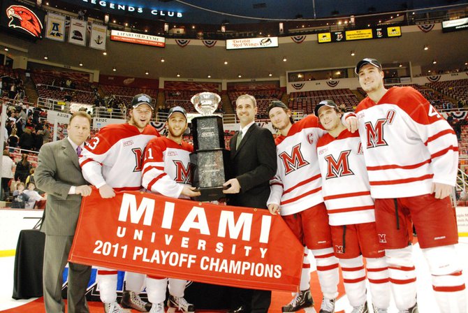 Miami University wins its first-ever CCHA Tournament Championship at Joe Louis Arena - 03/19/11. Photos by Sean Patrick Duross.