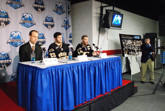 Jeff Blashill, Dane Walters and Ian Slater address the media following the Broncos' 5-2 loss to Miami in the CCHA Championship game at Joe Louis Arena - 03/19/11.  The Broncos came up short 5-2.  Photos by Sean Patrick Duross.
