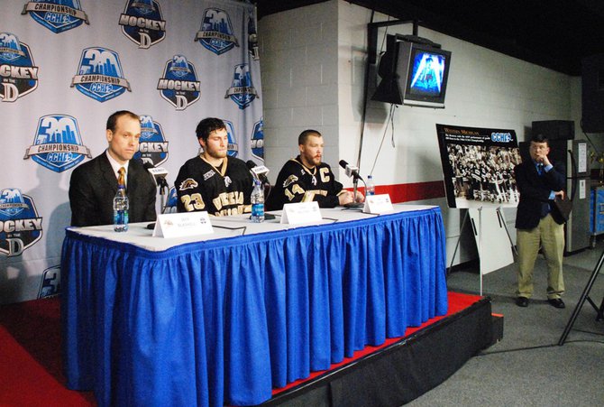 Jeff Blashill, Dane Walters and Ian Slater address the media following the Broncos' 5-2 loss to Miami in the CCHA Championship game at Joe Louis Arena - 03/19/11. The Broncos came up short 5-2. Photos by Sean Patrick Duross.