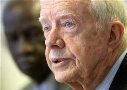 Referendum observer and former U.S. President Jimmy Carter speaks during an interview as former Tanzanian Prime Minister and East African Court of Justice Judge Joseph Warioba listens in Khartoum January 15, 2011. REUTERS/Mohamed Nureldin Abdallah
Referendum observer and former U.S. President Jimmy Carter speaks during an interview as former Tanzanian Prime Minister and East African Court of Justice Judge Joseph Warioba listens in Khartoum January 15, 2011. REUTERS/Mohamed Nureldin Abdallah