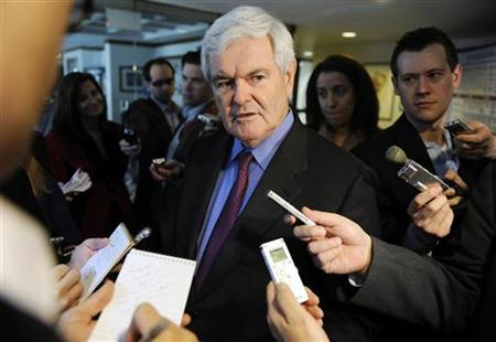 Former U.S. House Speaker Newt Gingrich (R-GA) (C) speaks to reporters after a news conference at the National Press Club in Washington, March 18, 2011. REUTERS/Jonathan Ernst
Former U.S. House Speaker Newt Gingrich (R-GA) (C) speaks to reporters after a news conference at the National Press Club in Washington, March 18, 2011. REUTERS/Jonathan Ernst